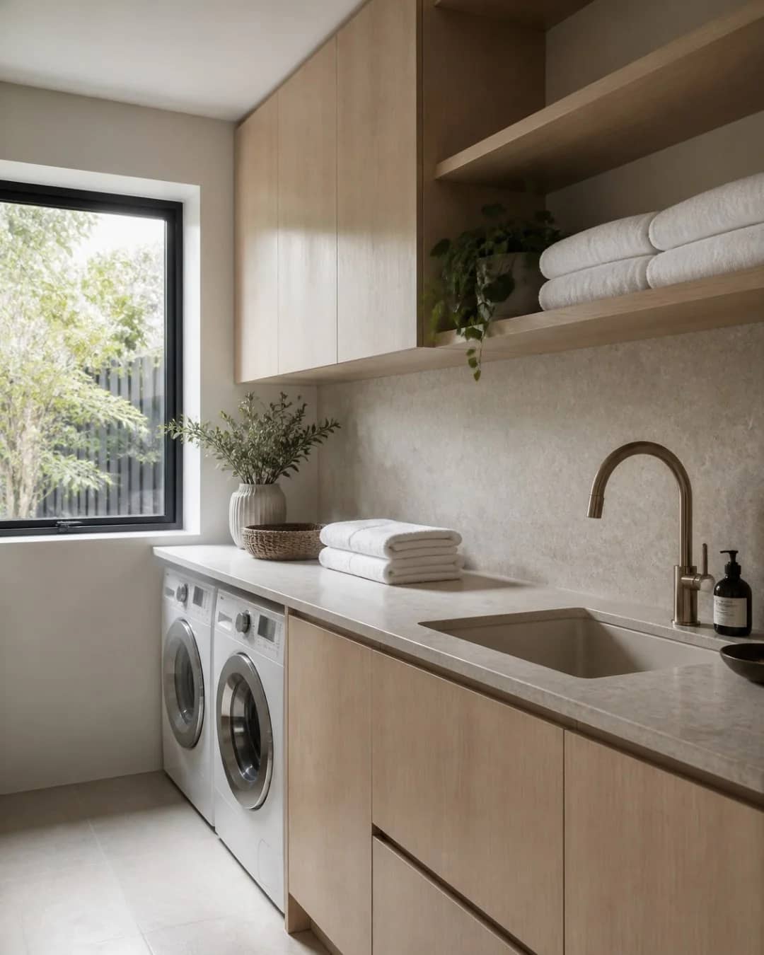 Oak and stone laundry with folded linen