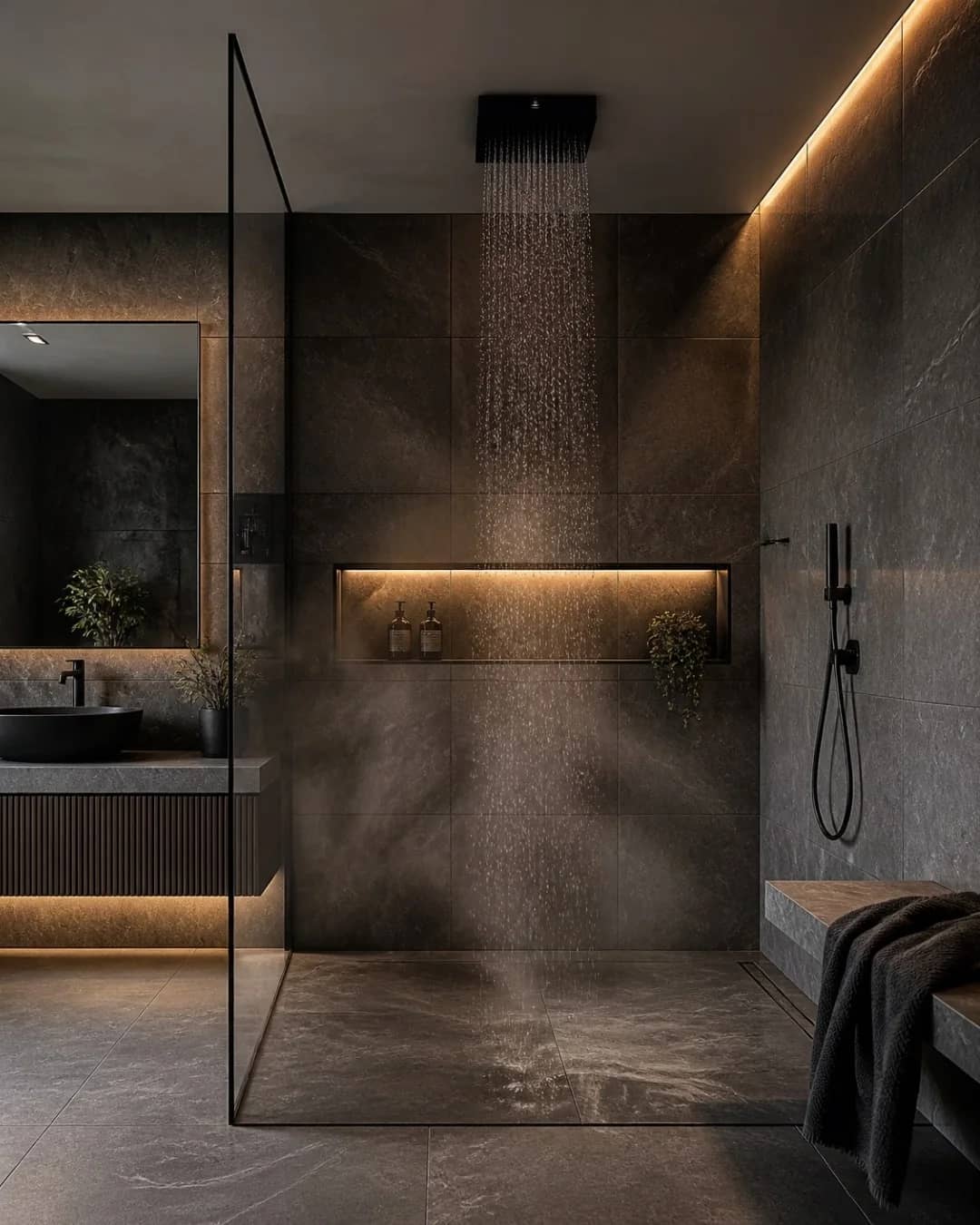 Dark stone ensuite with a rain shower