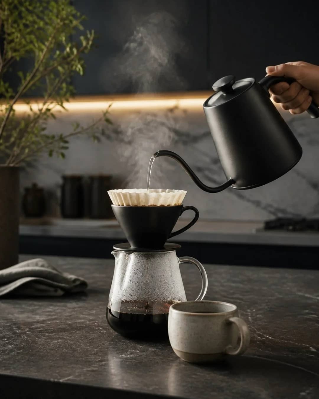 Pour-over coffee being brewed in a modern kitchen