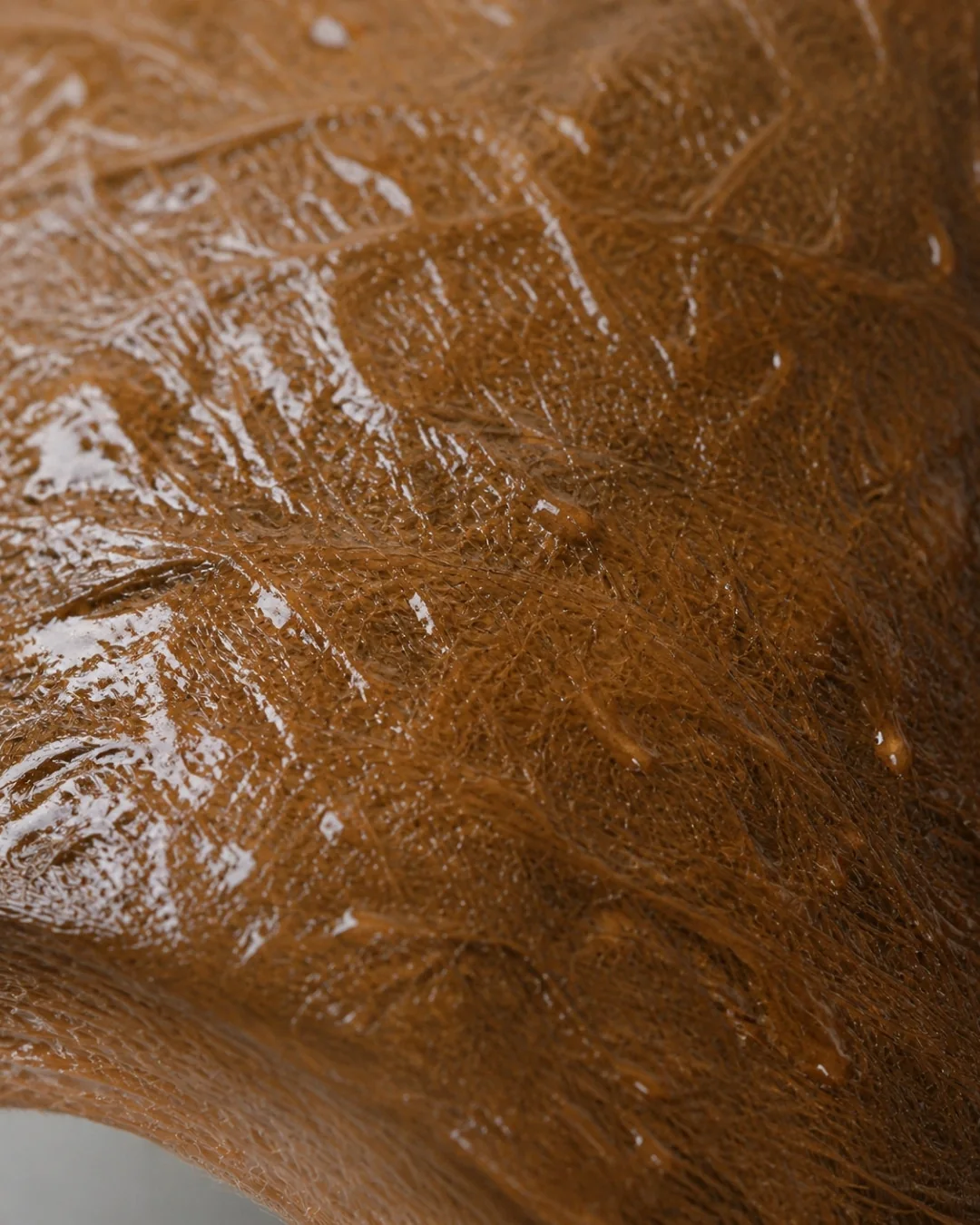 Close-up of the sediment cartridge after 12 months, fibres caked in glossy brown silt