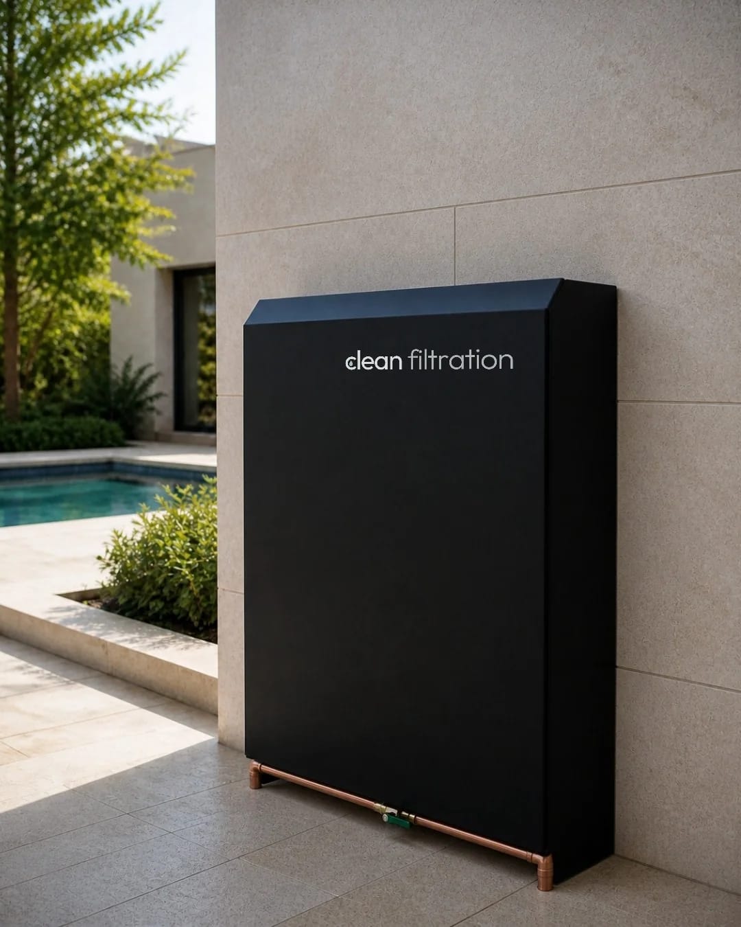 Clean Filtration cover standing against a limestone wall beside a pool (concept image)