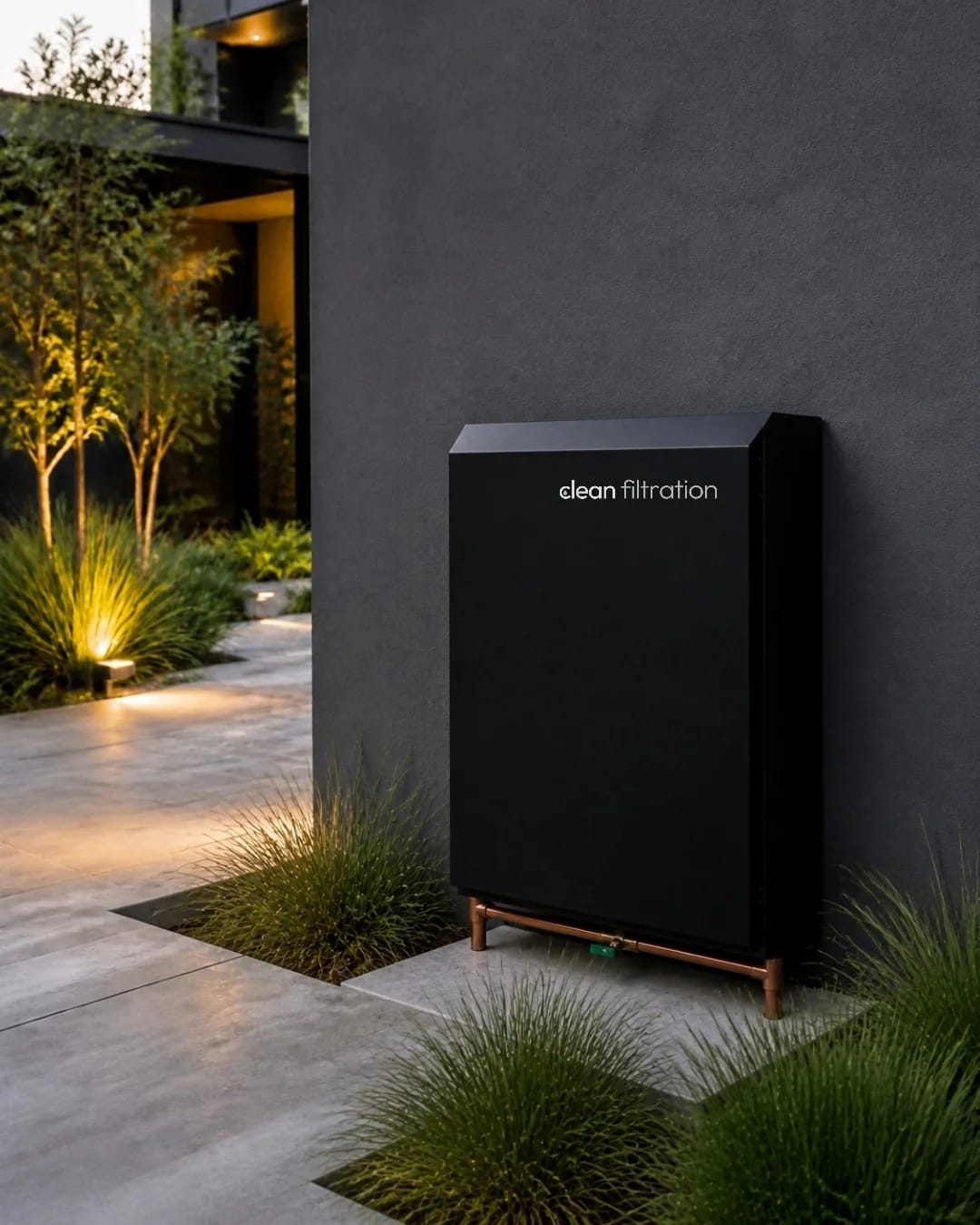 Clean Filtration cover standing against a rendered wall at dusk (concept image)