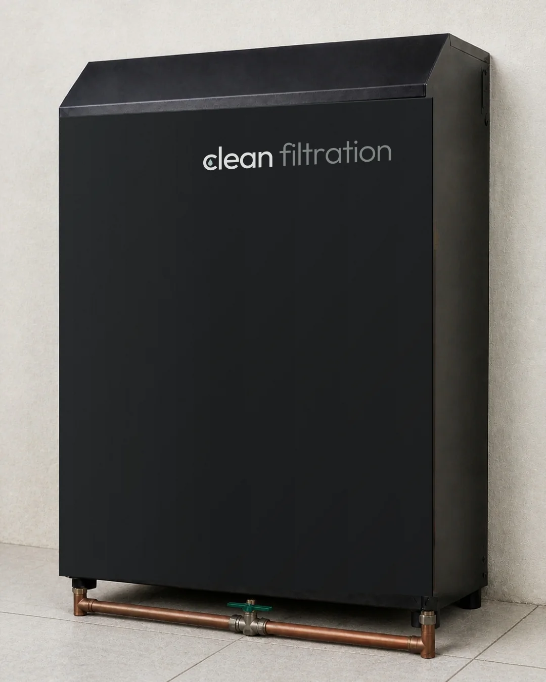 The Clean Filtration cover closed, matte black with the logo top-right (concept image)