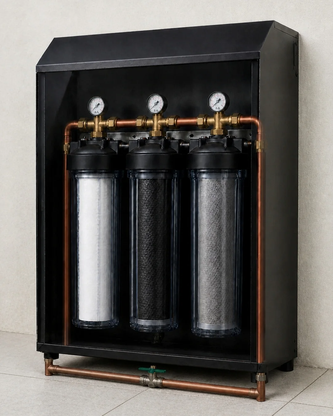 X-ray view through the cover: three filter housings with white sediment, black carbon and grey heavy-metal cartridges (concept image)